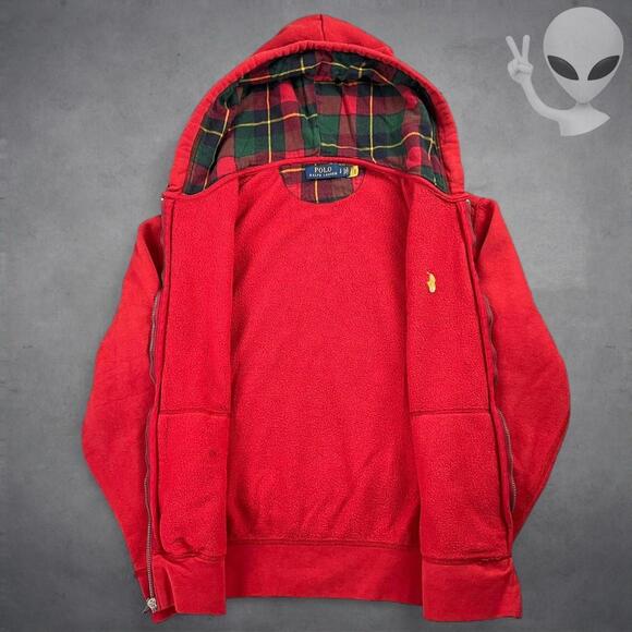 Polo Ralph Lauren Zip Hoodie Small Red Plaid Lined Vintage Jacket Y2K Gold Pony - Picture 3 of 6